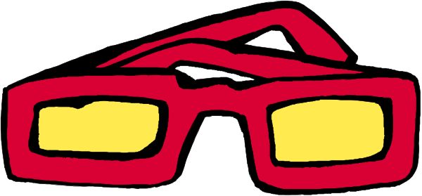 The image shows a pair of red glasses with yellow lenses on top of another object that is partially obscured by them; it appears to be an item similar in shape but smaller than the glasses themselves.