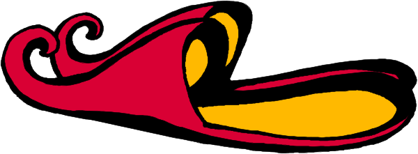 The image shows a red shoe with yellow laces on top of another similar shoe that is upside down.