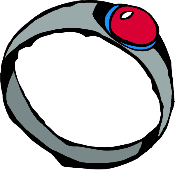 The image shows a cartoon of two rings with different designs: on top is an oval ring featuring red accents; below it is another circular band that appears to be made from interlocking metal pieces, possibly representing gears or machinery motifs in blue and silver tones against the background.
