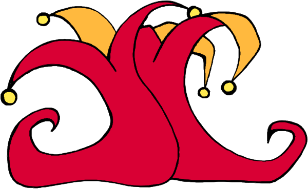 The image shows a cartoon of an octopus with clown makeup on its tentacles holding up jester hats in each hand against a white background.