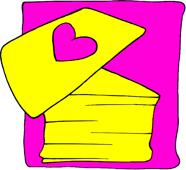 The image shows a pink background with an illustration of two yellow envelopes on top of each other topped by a red heart shape in the upper right corner.