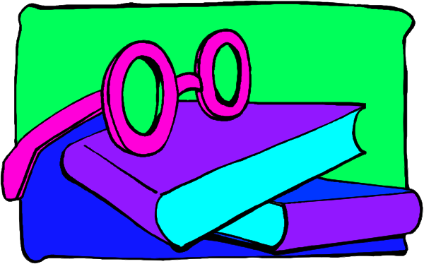 The image shows a pair of sunglasses with purple frames placed on top of what appears to be an open book lying flat in front of them against a blue background.