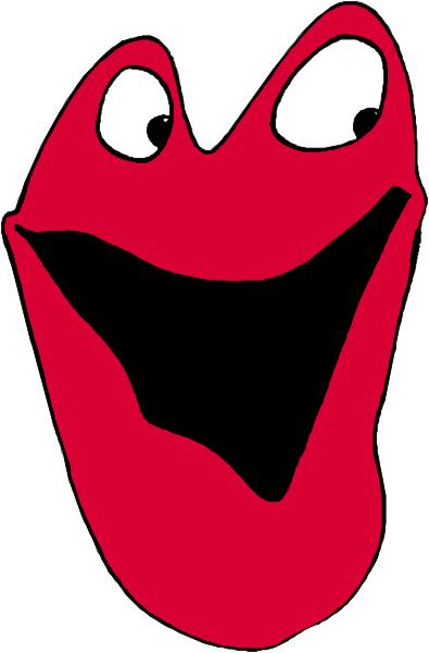 The image shows a red cartoon face with exaggerated features such as large eyes and teeth against a white background.