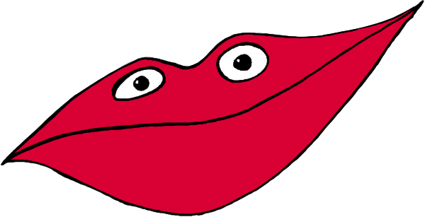 The image shows a red leaf with two black dots for eyes on it against a white background.