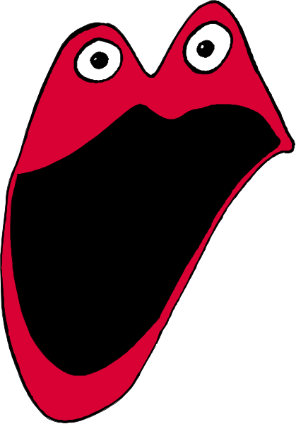 The image shows a red mouth with teeth drawn on it against a white background.