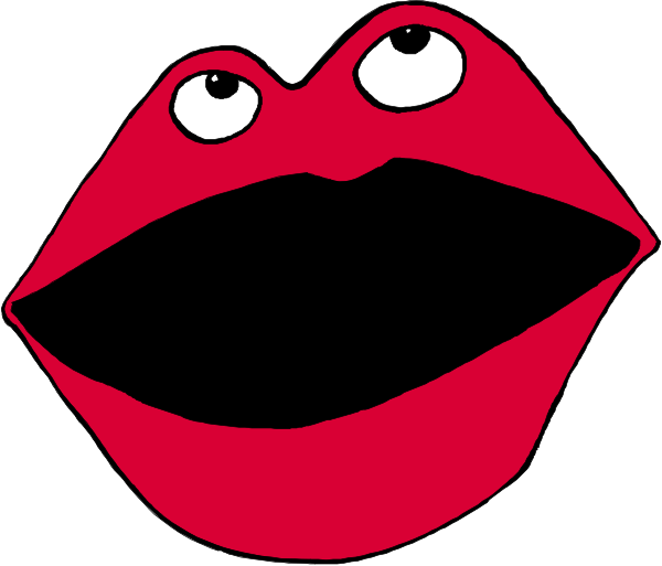 The image shows a red mouth with two teeth on either side of it against a white background.