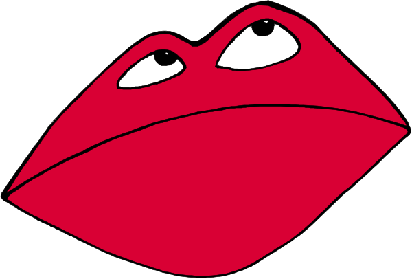 The image shows a red cartoon mouth with two eyes on either side of it against a white background.