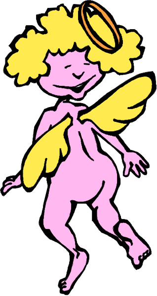 The image shows a cartoon of an angel with wings standing on its head; it is pink and has no visible features other than being naked except for one wing that covers part of its body.