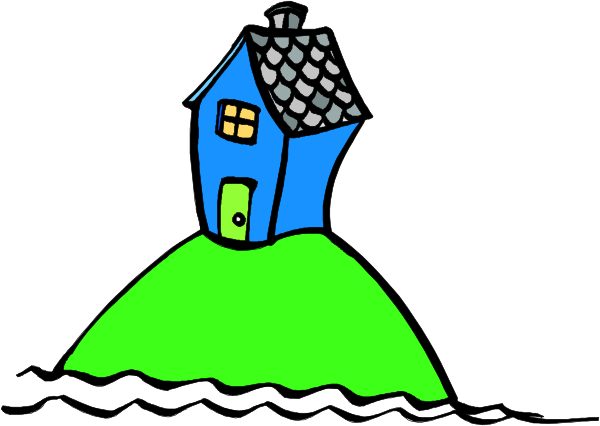 The image shows a cartoon depiction of an island with a house on top, surrounded by water that is colored green to represent algae growth; there's no visible text in this small clip-art illustration.