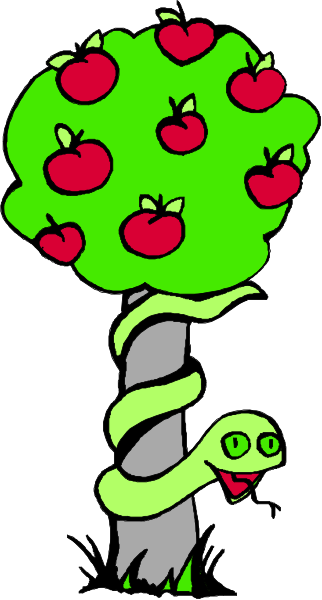The image shows a cartoon of an apple tree with apples on it next to which is coiled up a snake-like creature that appears friendly due to its smiley face expression.