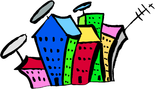 The image shows a colorful cartoon of an urban scene with buildings that resemble houses stacked on top of each other in various sizes; there is also a small figure atop one building holding what appears to be a magnifying glass, and below this character stands another smaller house-like structure.