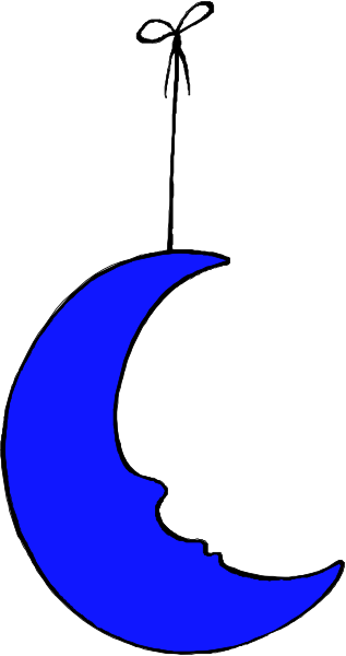 The image shows a blue crescent moon with white stars on it against a gray background to its right side; there is also an illustration of a black silhouette of a person holding onto what appears to be a string, which could represent a kite or balloon given the context provided.