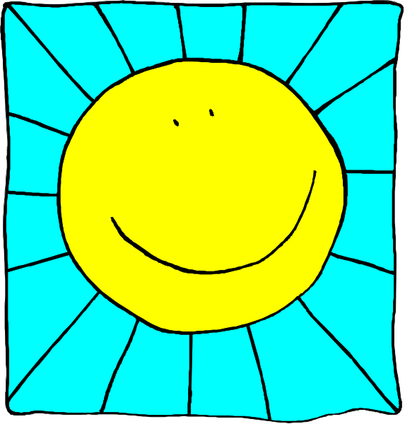 The sun with a smiley face drawn on it inside an open window frame.