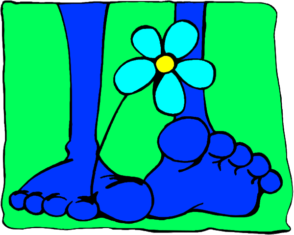 The image shows a cartoon of two feet with blue soles standing on green grass next to each other; between them is an illustration of a flower in full bloom.