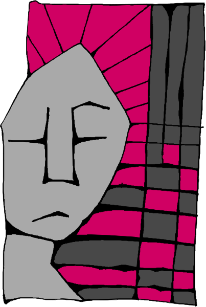 The image shows a black and white illustration of an abstract face with geometric shapes forming facial features against a pink background.