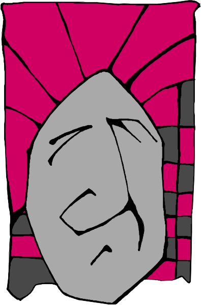 The image shows a stylized representation of an object that resembles a rock with two eyes drawn on it against a pink background within what appears to be a frame.