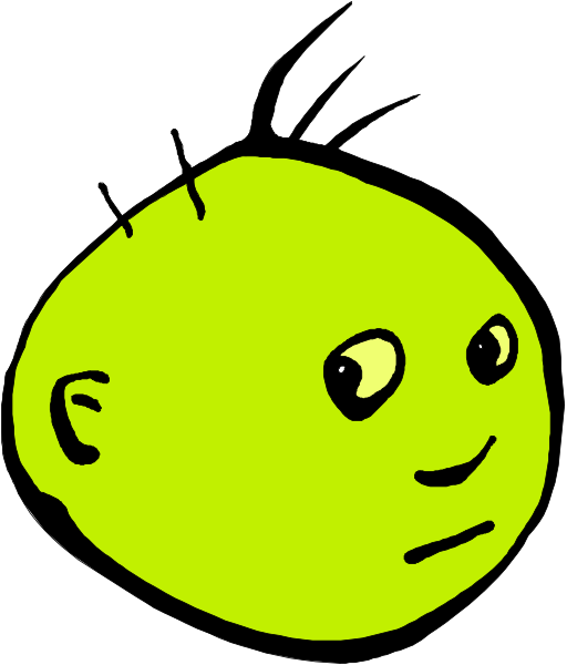 The image shows a cartoon of an alien with large eyes looking to its left side against a plain background.