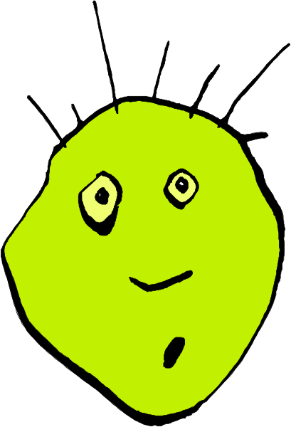 The image shows a cartoon of an alien with two eyes looking upwards towards something above it.