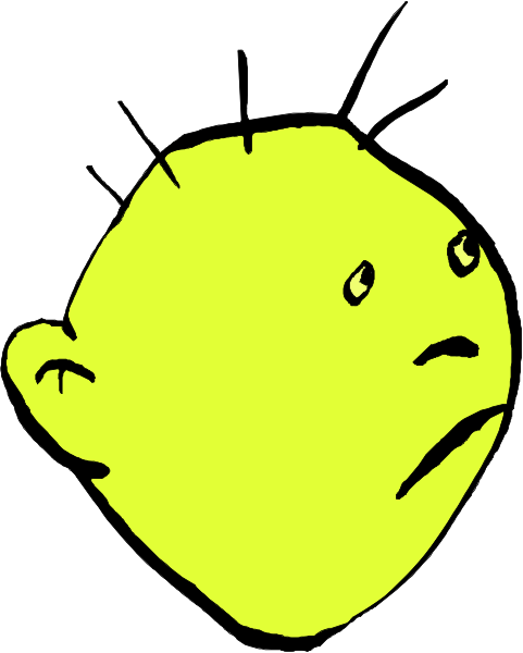 The image shows a cartoon of an exaggeratedly large head with yellow hair on top, wearing what appears to be glasses over its eyes.