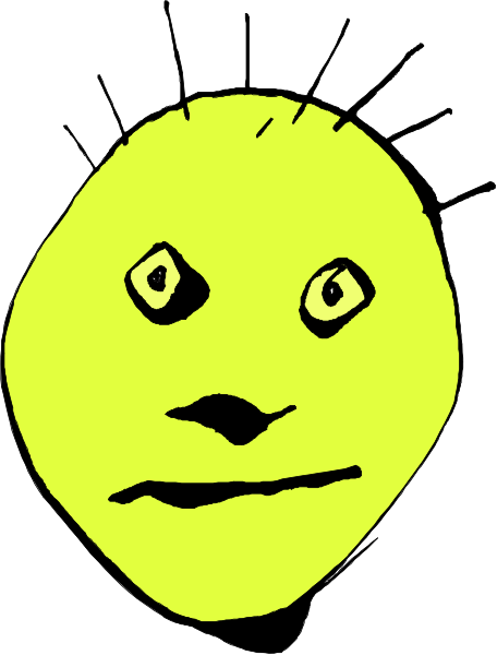 The image shows a cartoon of an anthropomorphic face with exaggerated features such as large eyes and eyebrows, set against a plain background that resembles paper texture due to its white coloring on one side and yellowish-green hue on another.