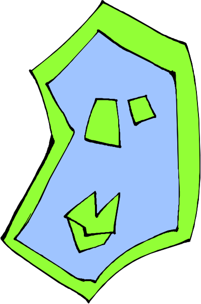 The image shows a stylized graphic of an abstract shape resembling a shield with two green triangles on it against a blue background.