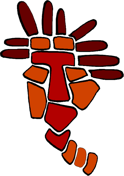 The image shows a stylized graphic of an abstract figure with red shapes that resemble hands reaching out from within it to form what appears to be a face-like structure in orange hues against a white background, giving off a sense of movement and dynamism.