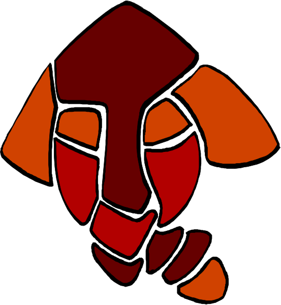 The image shows a stylized depiction of an animal mask with red accents on its face against a white background.