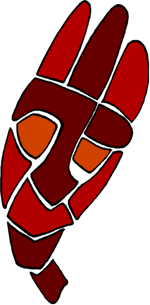 The image shows a red hand with an eye on it against a white background.