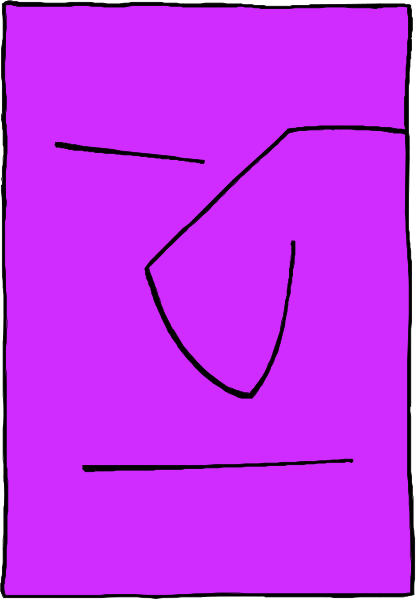 The image shows a purple square with an abstract design inside it on top of another pink rectangle that has two black lines forming a shape resembling a stylized hand holding something in its center.