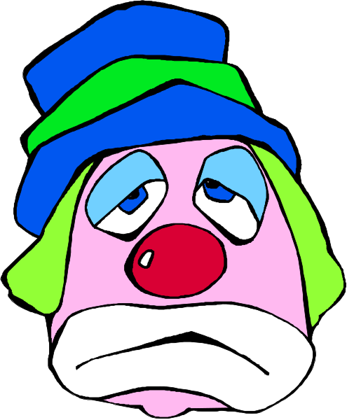 The cartoon shows a clown with exaggerated features such as large eyes, red nose, big smile, wearing colorful clothes including pink pants, blue hat, green jacket, white gloves, standing in front of gray background.