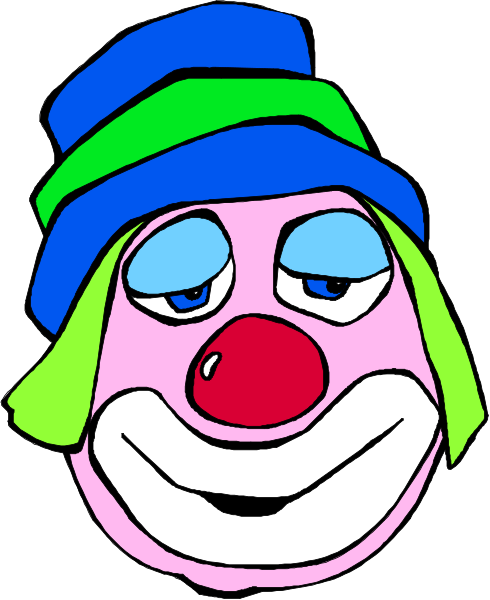 The image shows a cartoon character with clown makeup wearing a hat that has stripes of blue, green, red, yellow, white, black, pink, orange, purple, brown, gray, tan, and cream on it; this is not an actual person or animal but rather a stylized representation.