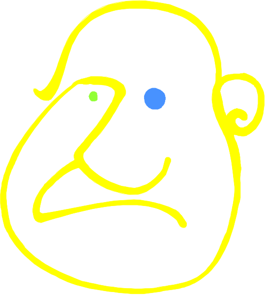 The image shows a cartoon of an older man with blue eyes looking downwards; he has gray hair on his head and is wearing glasses over one eye. He appears to be smiling slightly as if in amusement, but also seems somewhat sad due to the downturned corners of his mouth.