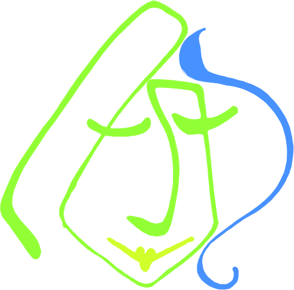 The image shows a stylized drawing of an abstract face with closed eyes against a white background.