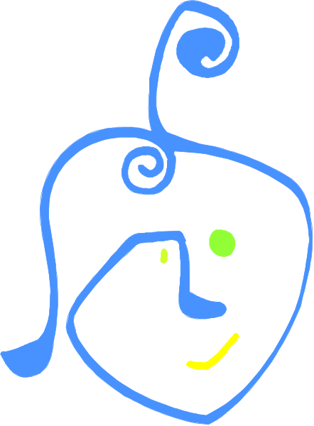 The image shows a blue line drawing of an abstract face with two eyes on it against a white background.