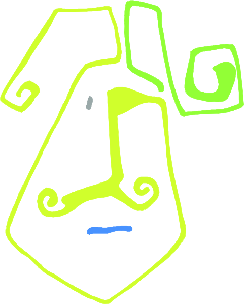 The image shows a simple line drawing of an abstract face with two eyes on either side at top, a nose below them in the center, and what appears to be lips beneath that.