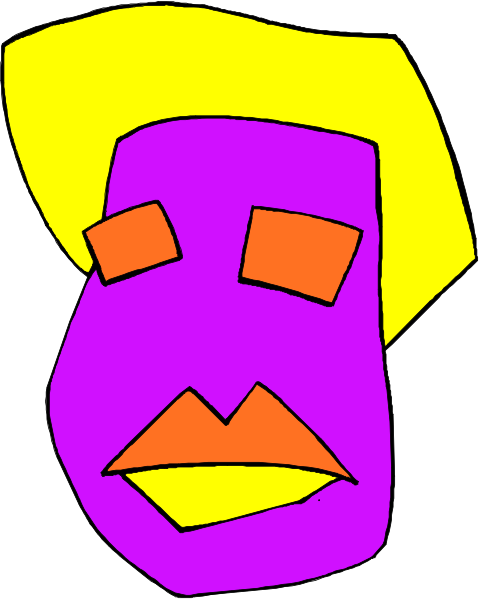 The image shows a cartoon of an abstract face with exaggerated features such as large eyes and lips against a white background.