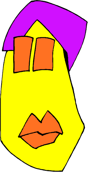 The image shows a cartoon of an orange face with purple hair on it against a gray background.