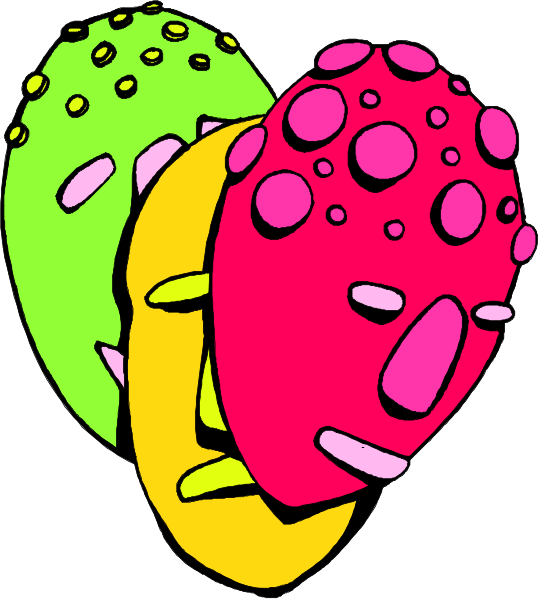 The image shows three colorful eggs with faces drawn on them sitting next to each other against a white background.