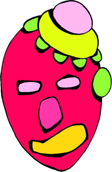 The image shows a colorful cartoon character with exaggerated facial features such as large eyes and an oversized mouth, wearing what appears to be pink pants adorned with yellow polka dots on top of red shorts.