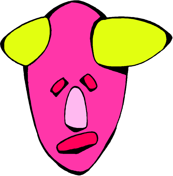 The image shows two faces with exaggerated facial features such as large eyes and a big nose on each side of an object that resembles a mask in between them.