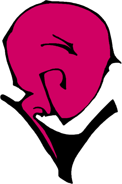 The image shows a black and white photo of an iconic comic book character with pink hair peeking out from behind it.