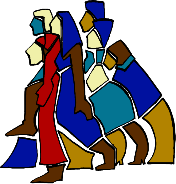 The image shows a stylized illustration of three figures carrying another figure on their backs while walking forward; there is no text present in this clip-art image.