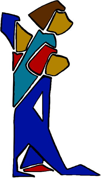 The image shows a stylized cartoon of two figures standing side by side with their backs to each other; both have one arm raised as if waving while holding hands in front of them.