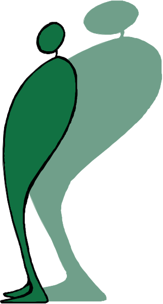 The image shows a cartoon of an adult figure leaning forward with their hands on knees as if bending over to pick something up from behind them; there is no visible object in front for picking up.