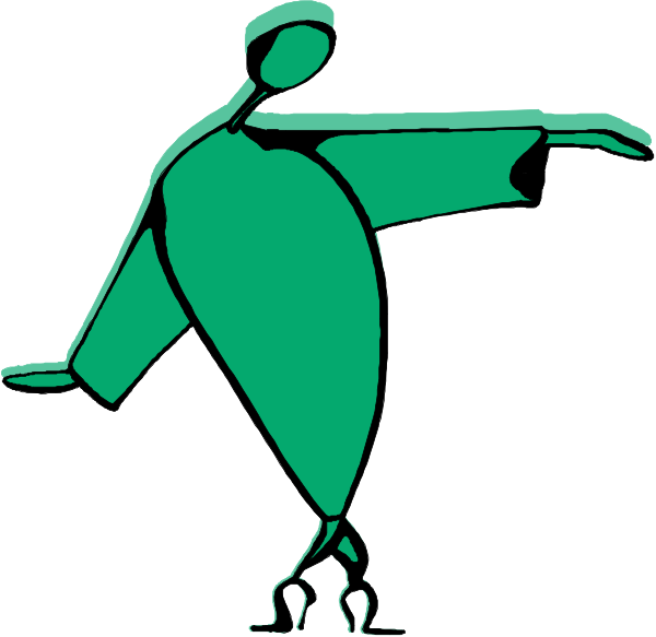 The image shows a black and white line drawing of two figures: an adult figure on its toes with arms outstretched as if dancing, wearing green clothing; next to it is another smaller figure that appears to be in motion, possibly walking away from the first one or running towards something off-frame.