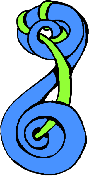The image shows a stylized blue swirl with green accents resembling musical notes on a white background.