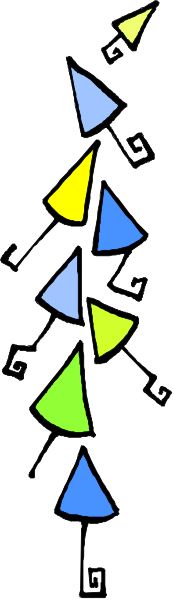The image shows a gray background with three colorful abstract shapes resembling trees on top of each other against a white stripe pattern in between them.