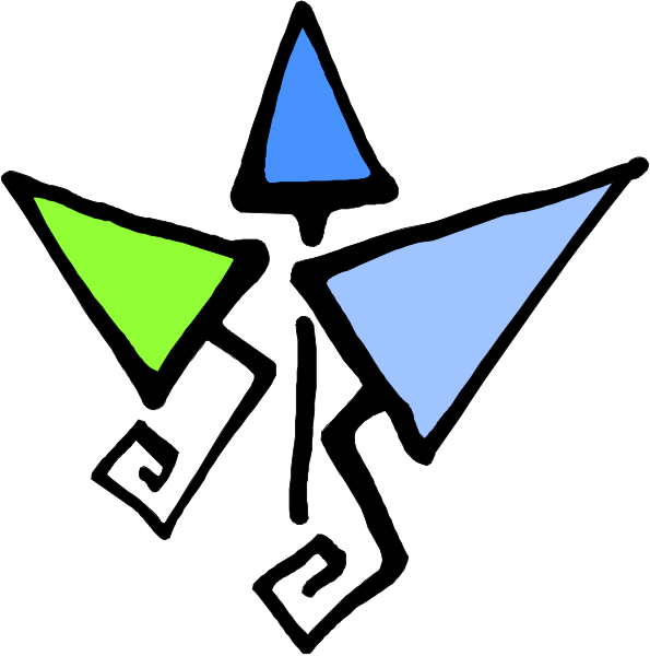 The image shows a stylized graphic of two triangular flags with different colored backgrounds: blue on top left corner and green in bottom right corner; both have white outlines resembling stars at their tips, connected by an abstract design that could be interpreted as a decorative element or possibly another flag.