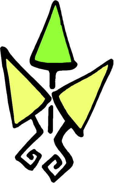 The image shows a stylized yellow star with two green triangles on either side of it against a gray background.