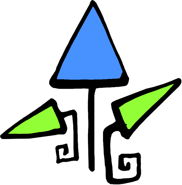 The image shows a blue triangle with two green arrows pointing upwards on either side of it against a white background.